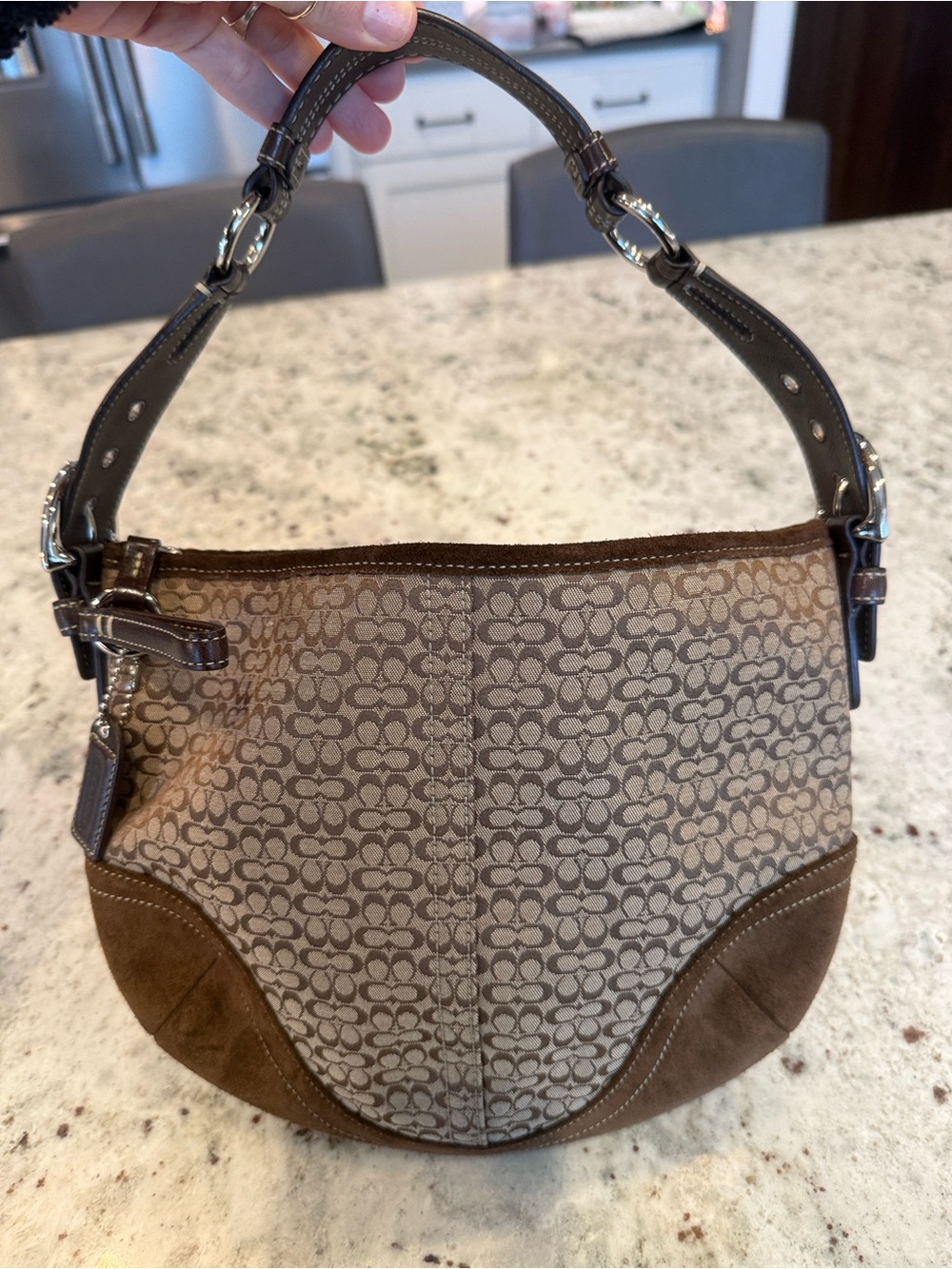 Coach Tan and Brown Signature Canvas Shoulder Bag Y2K